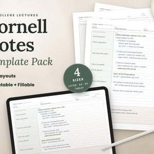 Cornell Notes Template Printable and Fillable PDF, College Lecture Notes, Left Handed, iPad Tablet, Study Tracker, Letter A4 A5, 14 Layouts