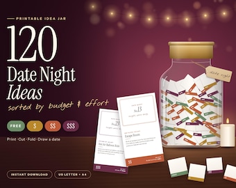 Date Night Jar Printable, 120 Date Idea Cards by Budget and Effort, Couples Gift, Anniversary Gift for Husband or Wife, Instant Download