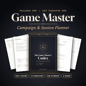 May include: A digital Game Master campaign and session planner titled The Game Master's Codex, featuring a black cover with a gold 20-sided die icon. The set includes fillable PDF pages for tabletop RPGs, with sections for session prep and initiative tracking.