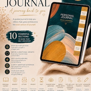 Op de afbeelding: Een digitaal persoonlijk dagboek genaamd Hilalsjournal weergegeven op een tabletscherm. De interface bevat tien secties, waaronder persoonlijke geschiedenis, mindset, brieven, heden, verleden, schaduwwerk, mentale gezondheidschecklist, lijsten en dagboekprompts.