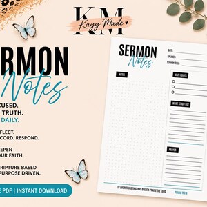 May include: A white sermon notes sheet with black and blue text, featuring sections for date, speaker, sermon title, main points, and prayer. The page includes a dotted grid area, a black pen, and butterfly illustrations on a light background.
