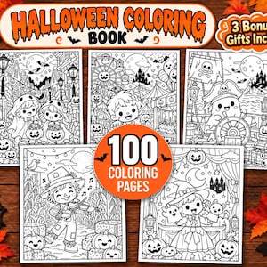 Peut inclure: Un livre de coloriage d'Halloween contenant 100 pages avec des illustrations en noir et blanc d'enfants costumés, un fantôme pirate, un épouvantail et une sorcière, entourés de citrouilles et de feuilles d'automne sur du bois.