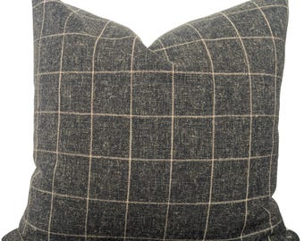 Charcoal Windowpane Throw Pillow with Insert – Prescott in Charcoal | 20x20 Textured Plaid Pillow