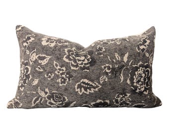 Charcoal Floral Lumbar Throw Pillow with Insert – Rosalie in Charcoal | 12x20 Decorative Pillow