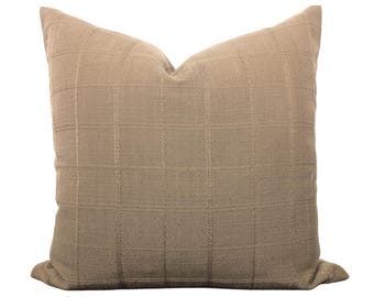 Camel Brown Plaid Throw Pillow with Insert – Hollis in Camel | 18x18 Decorative Pillow