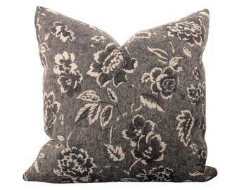 Charcoal Floral Square Throw Pillow with Insert – Rosalie in Charcoal | 18x18 Decorative Pillow