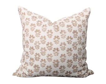 Warm Block Print Floral Throw Pillow with Insert – Posie in Sand | 16x16 Linen Blend Decorative Pillow