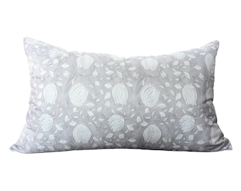 Dove Grey Floral Lumbar Throw Pillow with Insert – Elowen in Dove | 12x20 Decorative Pillow
