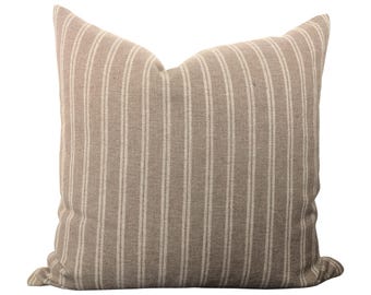 Bark Brown Striped Throw Pillow with Insert – Sawyer in Flax | 18x18 Linen Blend Decorative Pillow