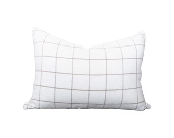 Natural Beige Linen Lumbar Pillow with Insert – Sutton in Fawn | 14x20 Double-Sided Check Pillow