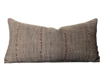 Brown Striped Lumbar Throw Pillow with Insert – Alden in Tobacco | 12x24 Decorative Pillow