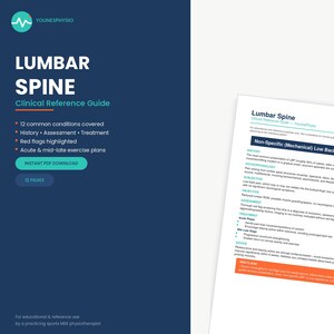 May include: A digital clinical reference guide titled Lumbar Spine by YounesPhysio. The dark blue graphic displays text listing 12 common conditions, history, assessment, treatment, red flags, and exercise plans, alongside a 12-page PDF document preview.