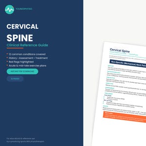 May include: A digital clinical reference guide titled Cervical Spine by YounesPhysio. The dark blue cover features white text listing 12 common conditions, history, assessment, treatment, red flags, and exercise plans across 12 pages.