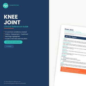 Peut inclure: Un guide de référence clinique numérique intitulé Knee Joint par YounesPhysio, comprenant 12 pages d'informations médicales sur l'historique, l'évaluation et le traitement de 12 affections courantes, avec des signaux d'alerte et des exercices.