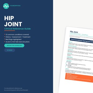 May include: A digital clinical reference guide titled Hip Joint by YounesPhysio. The dark blue cover features white text listing 12 common conditions, history, assessment, treatment, red flags, and exercise plans, with a 12-page PDF download button.
