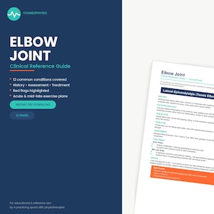 May include: A 12-page clinical reference guide titled Elbow Joint by YounesPhysio. The dark blue cover features white text listing 12 common conditions, history, assessment, treatment, and red flags. A white page shows detailed medical text.