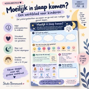 May include: A Dutch language printable PDF worksheet titled Moeilijk in slaap komen? designed for children to organize thoughts before bed. The document features numbered sections with prompts, icons, and spaces for writing or drawing to help manage bedtime worries.