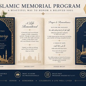 May include: An Islamic memorial program template featuring a dark blue and gold color scheme. The design includes a front cover, inside left and right pages, and a back cover with intricate geometric patterns, mosque silhouettes, and text.