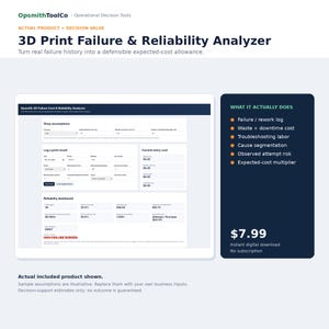 May include: A digital 3D Print Failure & Reliability Analyzer interface featuring sections for shop assumptions, log a print result, current entry cost, and a reliability dashboard with data fields for failure, rework, waste, and downtime costs.