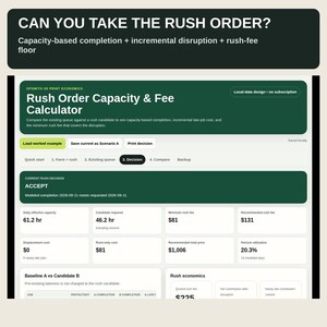 May include: A digital interface for a Rush Order Capacity & Fee Calculator. The dark green header displays the title and sub-text. The main dashboard shows a decision status of ACCEPT, with data fields for capacity, fees, and utilization metrics.