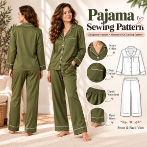 May include: A pajama sewing pattern featuring a long-sleeved olive green button-down shirt with a notch collar, chest pocket, and white piping, paired with matching trousers. Includes technical line drawings and labels for design details.