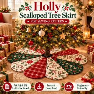 May include: A Holly Scalloped Tree Skirt PDF sewing pattern featuring a circular design with alternating panels of red plaid, green floral, and cream poinsettia prints. The text reads Holly Scalloped Tree Skirt, PDF sewing pattern, A0, A4 & US Letter Included, Instant Download, and Beginner-Friendly.