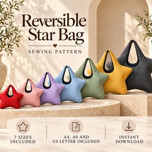May include: A Reversible Star Bag sewing pattern featuring seven star-shaped bags in red, pink, purple, blue, green, yellow, and dark gray. Text reads: Reversible Star Bag, SEWING PATTERN, 7 SIZES INCLUDED, A4, A0 AND US LETTER INCLUDED, INSTANT DOWNLOAD.
