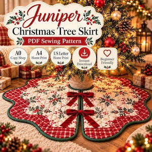 May include: A quilted Christmas tree skirt featuring a cream-colored center with a green and red holly berry pattern, bordered by a red and white plaid edge. Two dark red velvet bows secure the front opening of the circular fabric skirt.