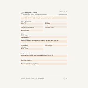 May include: A Northline Studio questionnaire document printed on off-white paper. The form includes sections for client and company details, project title, goals, deadlines, budget, and brand audience, with text fields filled in with example data.
