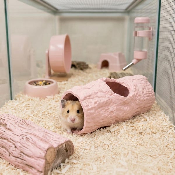 May include: A small hamster with light brown and white fur peeking out from a pink, textured log-shaped tunnel inside a glass enclosure. The habitat includes a pink exercise wheel, a pink food bowl, a pink water bottle, and wood shavings.