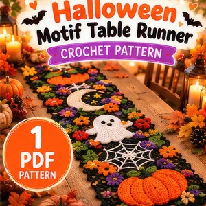 Halloween-motiv Bordlöpare Virkmönster PDF Spöklik höstdekoration Direktnedladdning