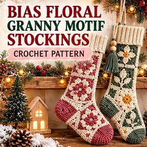Patrón de ganchillo en PDF para medias con estampado floral de hojas y motivos de abuela (descarga instantánea)