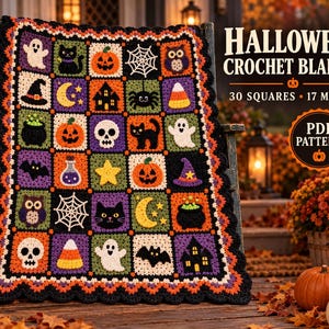 May include: A crochet blanket featuring 30 squares with 17 Halloween motifs including ghosts, pumpkins, black cats, skulls, bats, and spiders. The text reads HALLOWEEN CROCHET BLANKET, 30 SQUARES, 17 MOTIFS, and PDF PATTERN in a black and orange colour scheme.