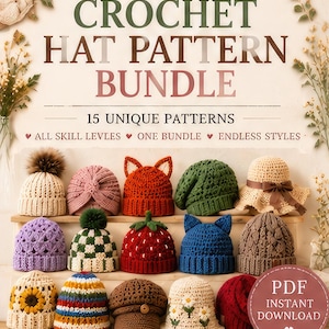 以下が含まれることがあります： CROCHET HAT PATTERN BUNDLE 15 UNIQUE PATTERNS ALL SKILL LEVLES ONE BUNDLE ENDLESS STYLESというタイトルのデジタル文書。動物の耳や花柄など、さまざまな色、質感、デザインの15種類のクロッシェ編みの帽子が並んでいます。