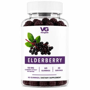 May include: A clear plastic bottle with a white cap filled with dark purple elderberry gummies. The label features the text VG vita globe, ELDERBERRY, 150 MG ELDERBERRY EXTRACT PER SERVING, 60 GUMMIES, 30 SERVINGS, and 60 GUMMIES / DIETARY SUPPLEMENT.