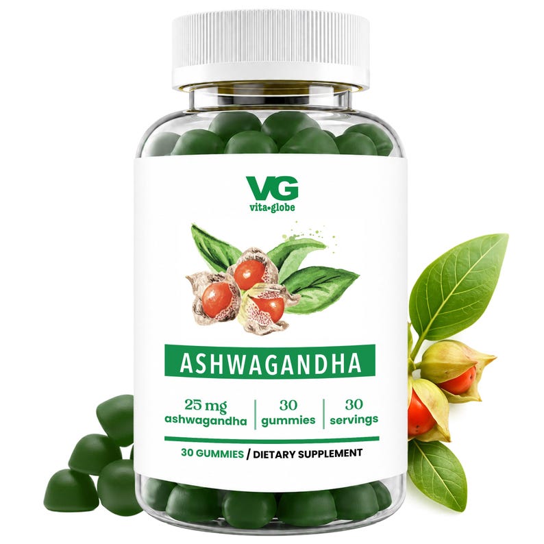 May include: A clear plastic bottle with a white cap containing dark green gummies. The label features the text VG vita-globe, ASHWAGANDHA, 25 mg ashwagandha, 30 gummies, 30 servings, and 30 GUMMIES / DIETARY SUPPLEMENT with an illustration of ashwagandha.