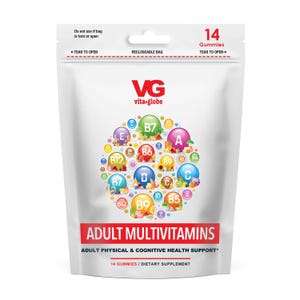 May include: A white recloseable bag of Vita Globe adult multivitamins containing 14 gummies. The packaging features a colorful circular graphic of various vitamin icons labeled A, B5, B6, B7, B9, B12, C, D, and E, with the text Adult Multivitamins.