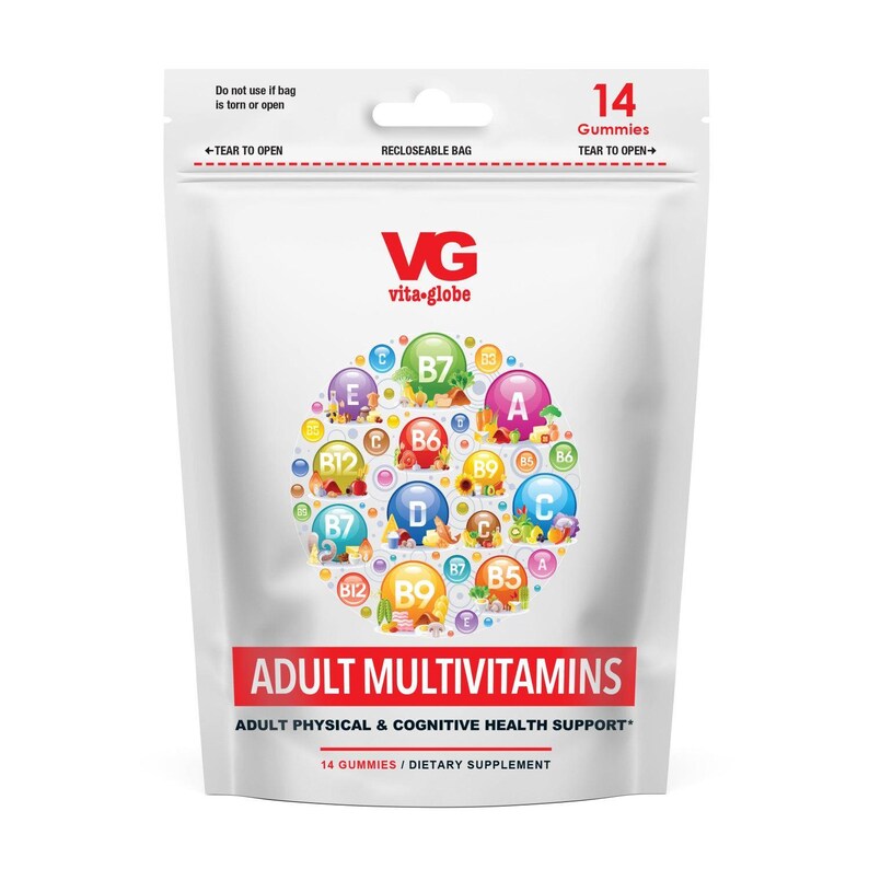 May include: A white recloseable bag of Vita Globe adult multivitamins containing 14 gummies. The packaging features a colorful circular graphic of various vitamin icons labeled A, B5, B6, B7, B9, B12, C, D, and E, with the text Adult Multivitamins.