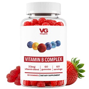 May include: A clear plastic bottle filled with red raspberry-shaped gummies. The label features the text VG vita-globe, VITAMIN B COMPLEX, 33mg vitamin blend, 60 gummies, 60 servings, and 60 GUMMIES / DIETARY SUPPLEMENT with colorful vitamin B icons.