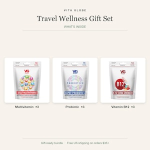 May include: Vita Globe Travel Wellness Gift Set containing three pouches of Adult Multivitamins, three pouches of Super Probiotics, and three pouches of B-12 Extra Strength. Each white pouch features the VG logo and specifies 14 gummies inside.