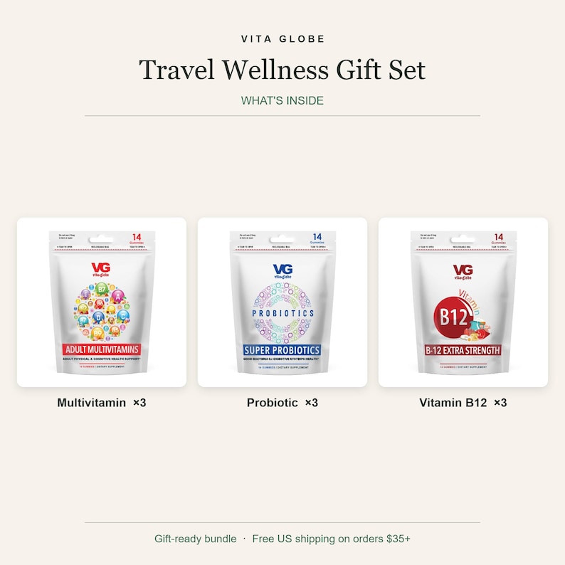 May include: Vita Globe Travel Wellness Gift Set containing three pouches of Adult Multivitamins, three pouches of Super Probiotics, and three pouches of B-12 Extra Strength. Each white pouch features the VG logo and specifies 14 gummies inside.