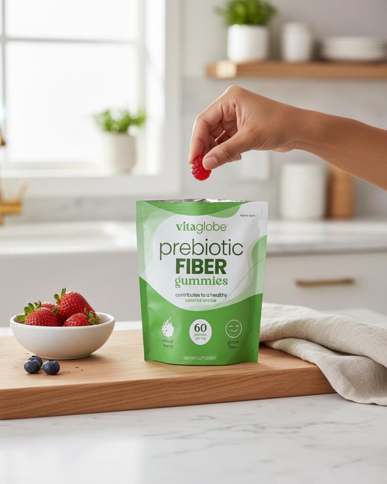 May include: A white and green pouch of Vitaglobe prebiotic fiber gummies with text reading 60 gummies per bag, mixed berry, and gluten free. A red gummy is held above the pouch, and a white bowl of fresh strawberries and blueberries sits nearby.