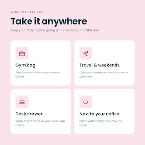 May include: A light pink infographic with dark blue text reading Made for real life, Take it anywhere, and Keep your daily routine going at home, work, or on the road. Four white squares feature icons and text for Gym bag, Travel & weekends, Desk drawer, and Next to your coffee.
