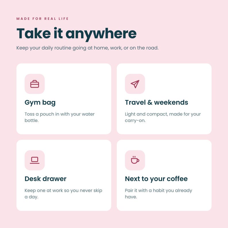 May include: A light pink infographic with dark blue text reading Made for real life, Take it anywhere, and Keep your daily routine going at home, work, or on the road. Four white squares feature icons and text for Gym bag, Travel & weekends, Desk drawer, and Next to your coffee.
