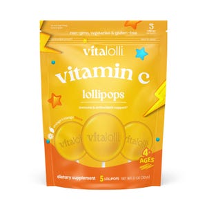 May include: A yellow resealable pouch of Vitalolli vitamin C lollipops. The packaging features orange and mango flavor text, 5 lollipops, 4+ ages, and a net weight of 1.1 oz (30 g). The design includes star and lightning bolt graphics.