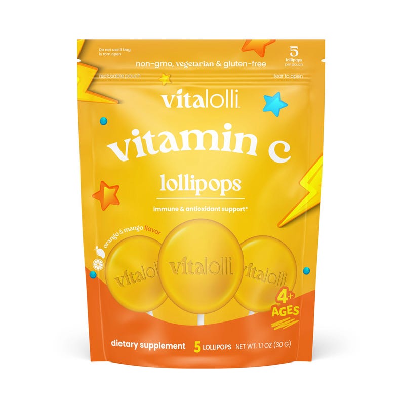 May include: A yellow resealable pouch of Vitalolli vitamin C lollipops. The packaging features orange and mango flavor text, 5 lollipops, 4+ ages, and a net weight of 1.1 oz (30 g). The design includes star and lightning bolt graphics.