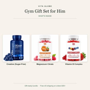 May include: A Vita Globe Gym Gift Set containing three bottles of dietary supplements: blue VitaPower Creatine Monohydrate gummies, white-labeled Magnesium Citrate gummies, and white-labeled Vitamin B Complex gummies with red berry imagery.