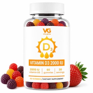 May include: A clear plastic bottle of Vita-Globe Vitamin D3 2000 IU dietary supplement gummies. The white label features a yellow sun icon with D3 text, listing 60 gummies and 30 servings. The bottle is surrounded by colorful berry-shaped gummies.