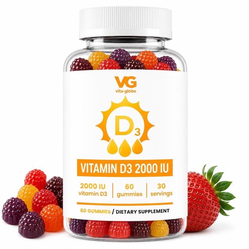 May include: A clear plastic bottle of Vita-Globe Vitamin D3 2000 IU dietary supplement gummies. The white label features a yellow sun icon with D3 text, listing 60 gummies and 30 servings. The bottle is surrounded by colorful berry-shaped gummies.