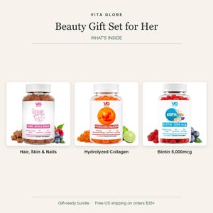 Puede incluir: Set de regalo de belleza Vita Globe para ella que incluye tres frascos de suplementos. Un frasco contiene gomitas en forma de estrella Hair, Skin & Nails, otro contiene gomitas naranjas Hydrolyzed Collagen y otro contiene gomitas rojas Biotin 5000 mcg.